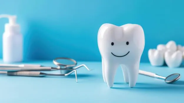 a tooth is smiling on a blue background with dental tools scene is lighthearted and playful photo